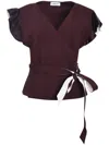 Lanvin Red Wrap Blouse With Flutter Sleeves In Burgundy
