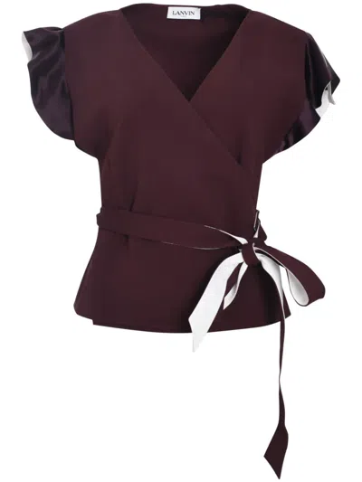 Lanvin Red Wrap Deep V-neckline Nylon Blouse In Burgundy