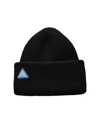 Lanvin Ribbed Knit Beanie With Folded Cuff And Triangular Patch Detail In Black