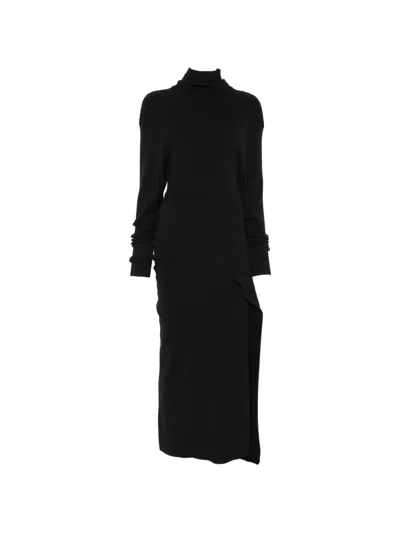 Lanvin Ribbed-knit Turtleneck Asymmetric Dress In Black