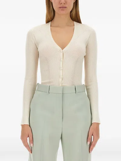 Lanvin Ribbed-knit V-neck Cardigan In Neutrals