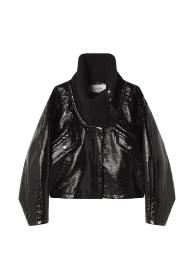 Lanvin Ribbed-knit-collar Patent-effect Jacket In Black