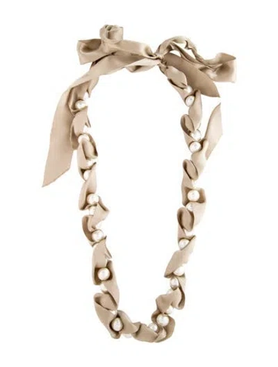 Pre-owned Lanvin Ribbon & Faux Pearl Bead Strand Necklace, 64" In White