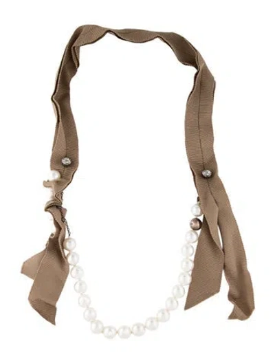 Pre-owned Lanvin Ribbon, Faux Pearl & Crystal Necklace, 22" In Brown/neutrals