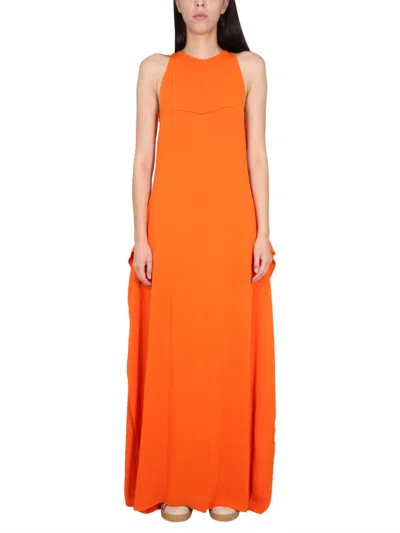 Lanvin Round Neck Longuette Dress With Concealed Design In Orange