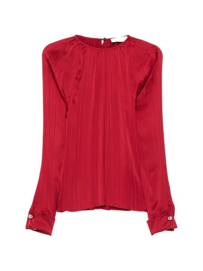 Lanvin Ruby Red Charmeuse Pleated Top With Buttoned Cuffs