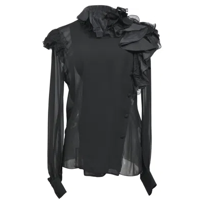 Lanvin Ruffled Lace-trimmed Chiffon Blouse In Black Silk