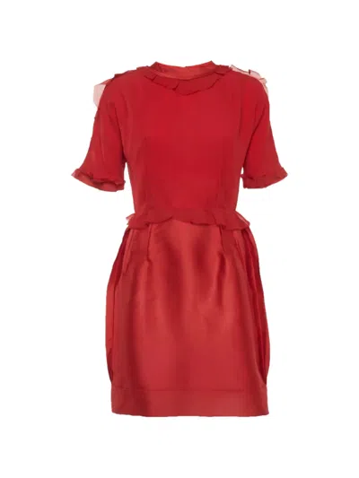 Pre-owned Lanvin Ruffle-trim Crepe-texture Mini Dress In Red