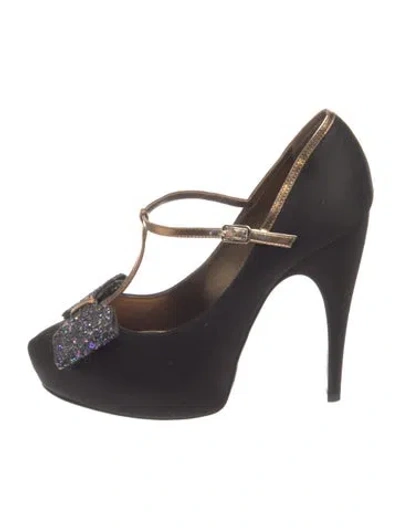 Pre-owned Lanvin Satin Glitter Accents T-strap Pumps In Black