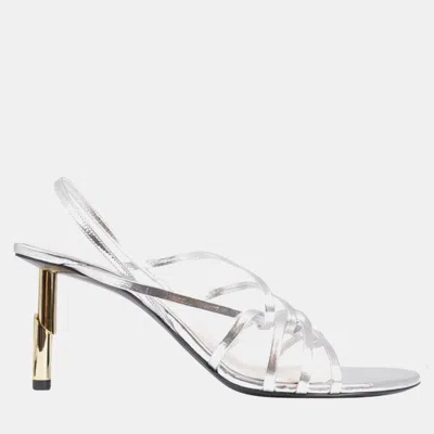 Pre-owned Lanvin Sequence Strappy 75mm Sandal In Silver With Gold Stud Size 37