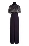 Lanvin Sequined Cape-detailed Woven Jumpsuit In Navy
