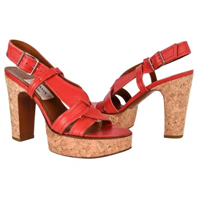 Pre-owned Lanvin Shoe Cork Platform Rich Red Leather 37 / 7