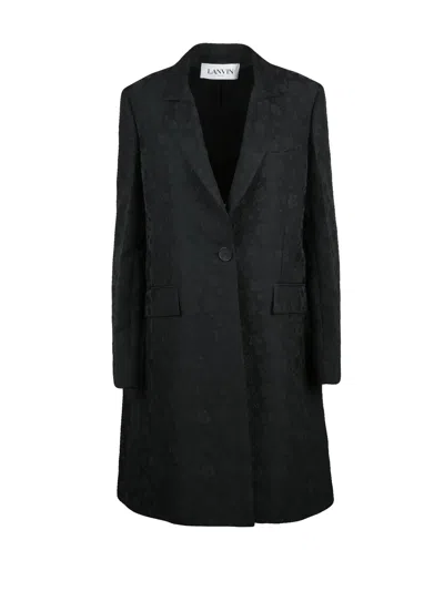 Lanvin Short Black Coat With Elegant Button Closure And Floral Jacquard Pattern