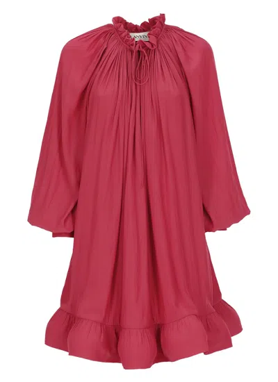 Lanvin Short Dress In Watermelon Charmeuse With Long Sleeves And Ruffles In Purple