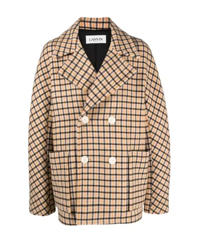 Lanvin Short Overcoat With Plaid Pattern In Nude