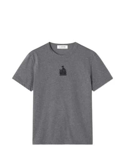 Lanvin Short-sleeved Crew Neck Top With Embroidered Emblem In Gray