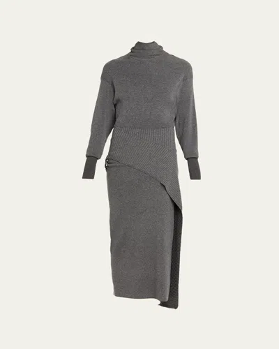 Lanvin Side Drape Long-sleeve Wool-cashmere Midi Sweater Dress In Gray