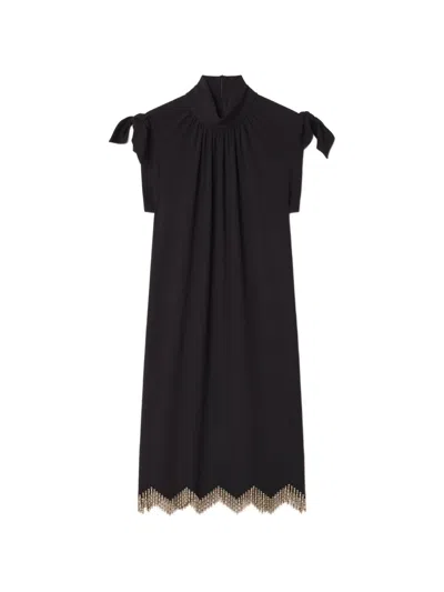 Lanvin Silk And Nylon Midi Dress With Tied Bow Sleeves In Black