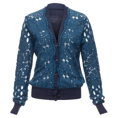 Pre-owned Lanvin Silk Cotton Floral Lace Sheer Long Sleeve V Neck Cardigan In Blue