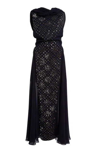 Lanvin Silk Embroidered Draped Panel Dress In Black