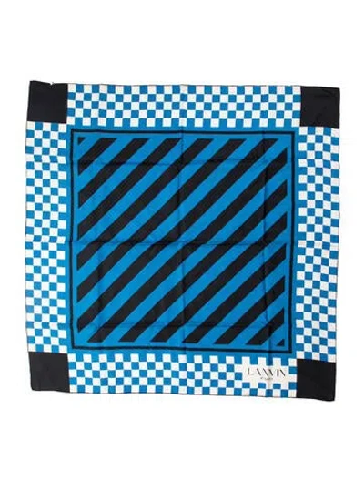 Pre-owned Lanvin Silk Plaid Print Scarf In Blue