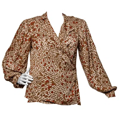 Pre-owned Lanvin Silk Print Wrap Top Blouse Vintage 80s 1980s In Brown