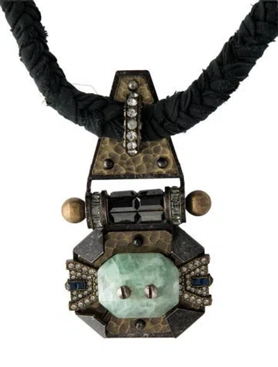 Pre-owned Lanvin Silk Ribbon, Crystal, & Stone Pendant Necklace, 20" In Blue/green