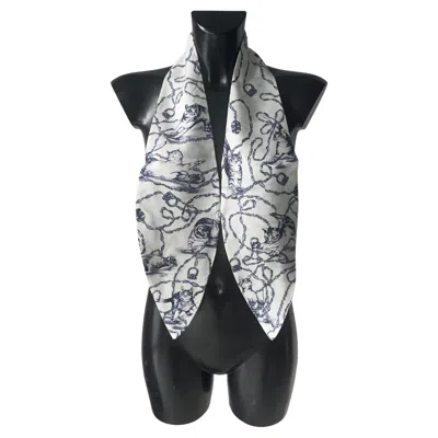 Pre-owned Lanvin Silk Scarf With Cat Print And Chains On Ivory Base, New In White