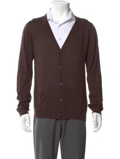 Pre-owned Lanvin Silk V-neck Cardigan In Brown