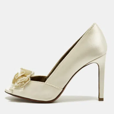 Pre-owned Lanvin Size 36.5 Cream Satin Bow Peep Toe Pumps In White