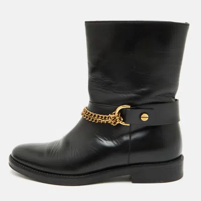 Pre-owned Lanvin Size 38 Black Leather Chain Link Ankle Length Boots