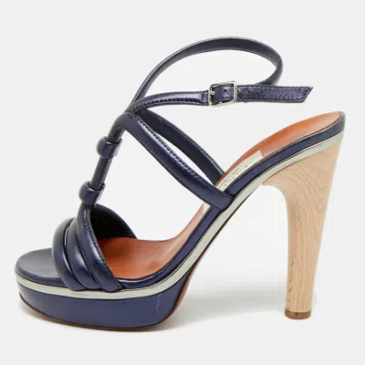 Pre-owned Lanvin Size 38 Navy Blue Leather Ankle Strap Sandals