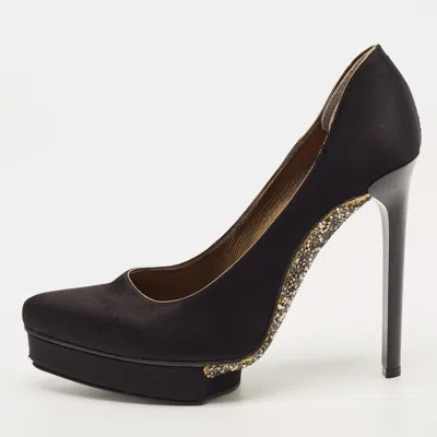 Pre-owned Lanvin Size 39 Black Satin Platform Pumps
