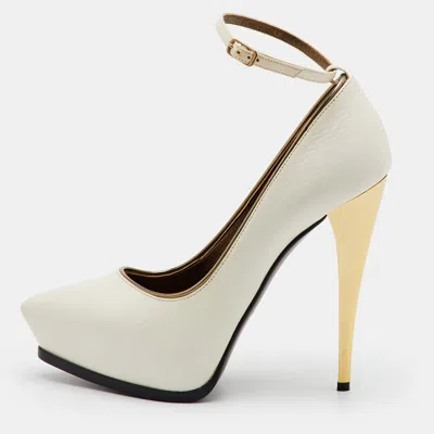 Pre-owned Lanvin Size 39 Off White Leather Pointed-toe Ankle-strap Pumps