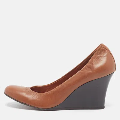 Pre-owned Lanvin Size 40.5 Brown Leather Scrunch Wedge Pumps