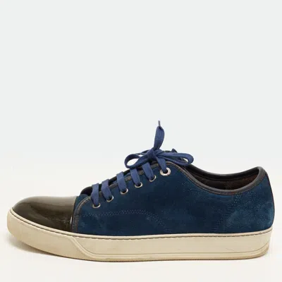 Pre-owned Lanvin Size 42 Navy Blue/dark Green Patent Leather And Suede Low Top Sneakers