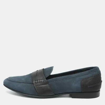 Pre-owned Lanvin Size 44 Navy Blue/black Leather And Suede Penny Loafers