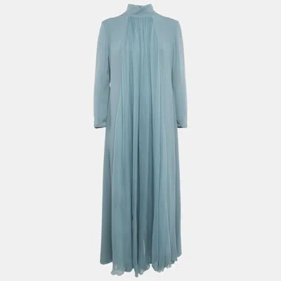 Pre-owned Lanvin Slate Blue Silk Drape Detail Maxi Dress L