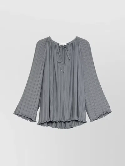 Lanvin Sleeved Pleated Ruffle V-neck Top In Grey