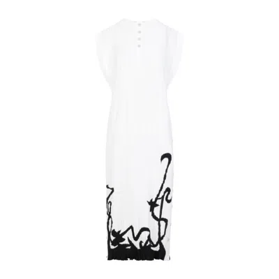 LANVIN LANVIN SLEEVELESS PLEATED OFF WHITE POLYESTER MIDI DRESS