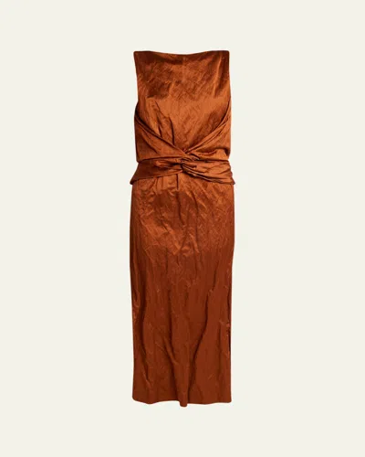 LANVIN SLEEVELESS TWISTED CRINKLE SATIN MIDI DRESS