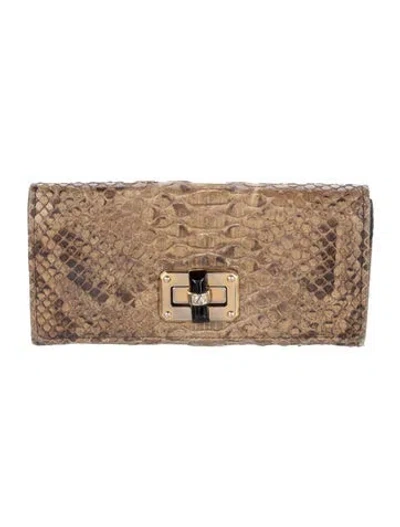 Pre-owned Lanvin Snakeskin Animal Print Continental Wallet In Brown