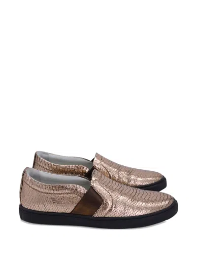 Pre-owned Lanvin Snakeskin-embossed Slip-on Sneakers In Gold