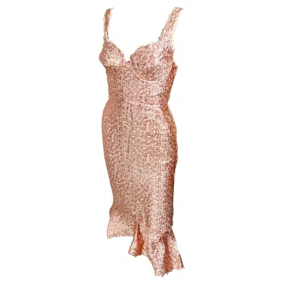 Pre-owned Lanvin S/s 2014 Runway Bustier Metallic Jacquard Distressed Midi Dress In Sand