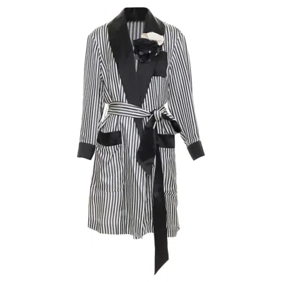 Pre-owned Lanvin Striped Viscose Floral Applique Belted Robe In Black