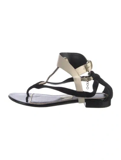 Pre-owned Lanvin Suede Chain-link Accents T-strap Sandals In Black