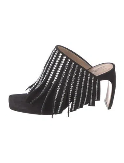 Pre-owned Lanvin Suede Crystal Embellishments Slides In Black