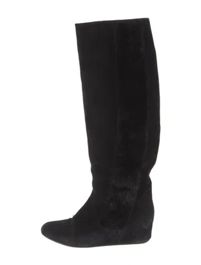 Pre-owned Lanvin Suede Fur Trim Boots In Black