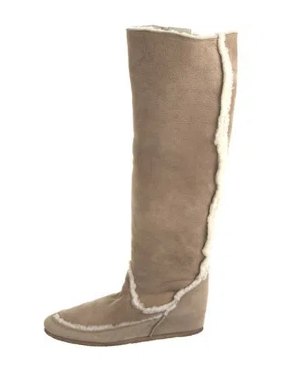 Pre-owned Lanvin Suede Fur Trim Boots In Neutrals