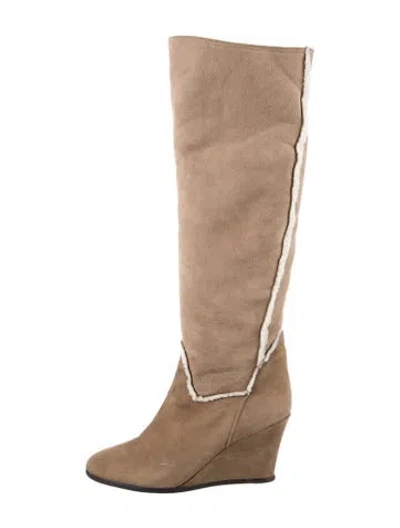 Pre-owned Lanvin Suede Fur Trim Riding Boots In Neutral